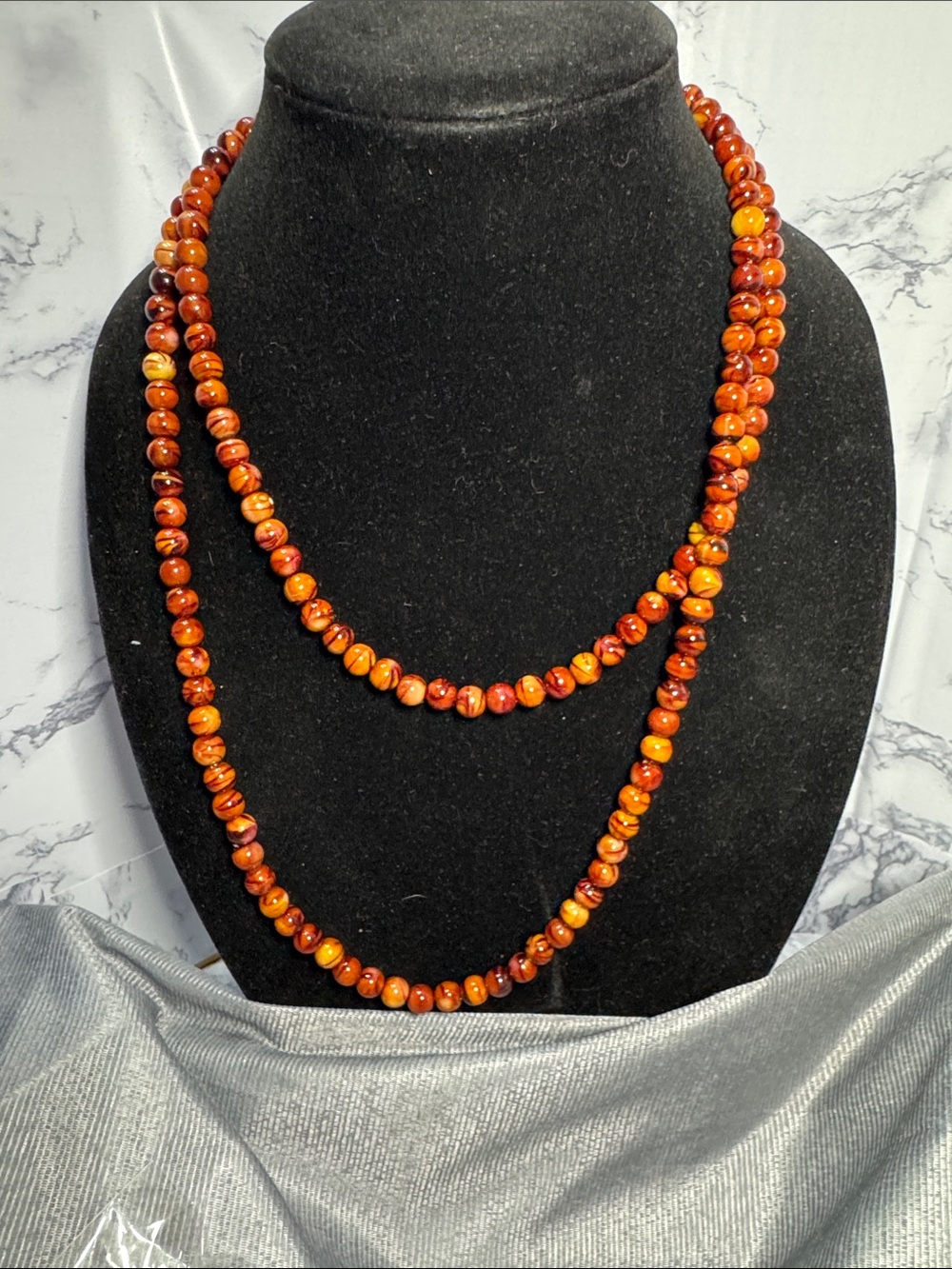Source Unknown Red-Orange Beaded Double Strand Necklace Modern